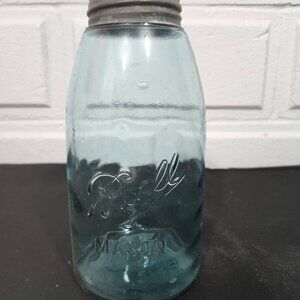 Vintage Early 1900's Aqua Blue Glass Mason Jar With Lid